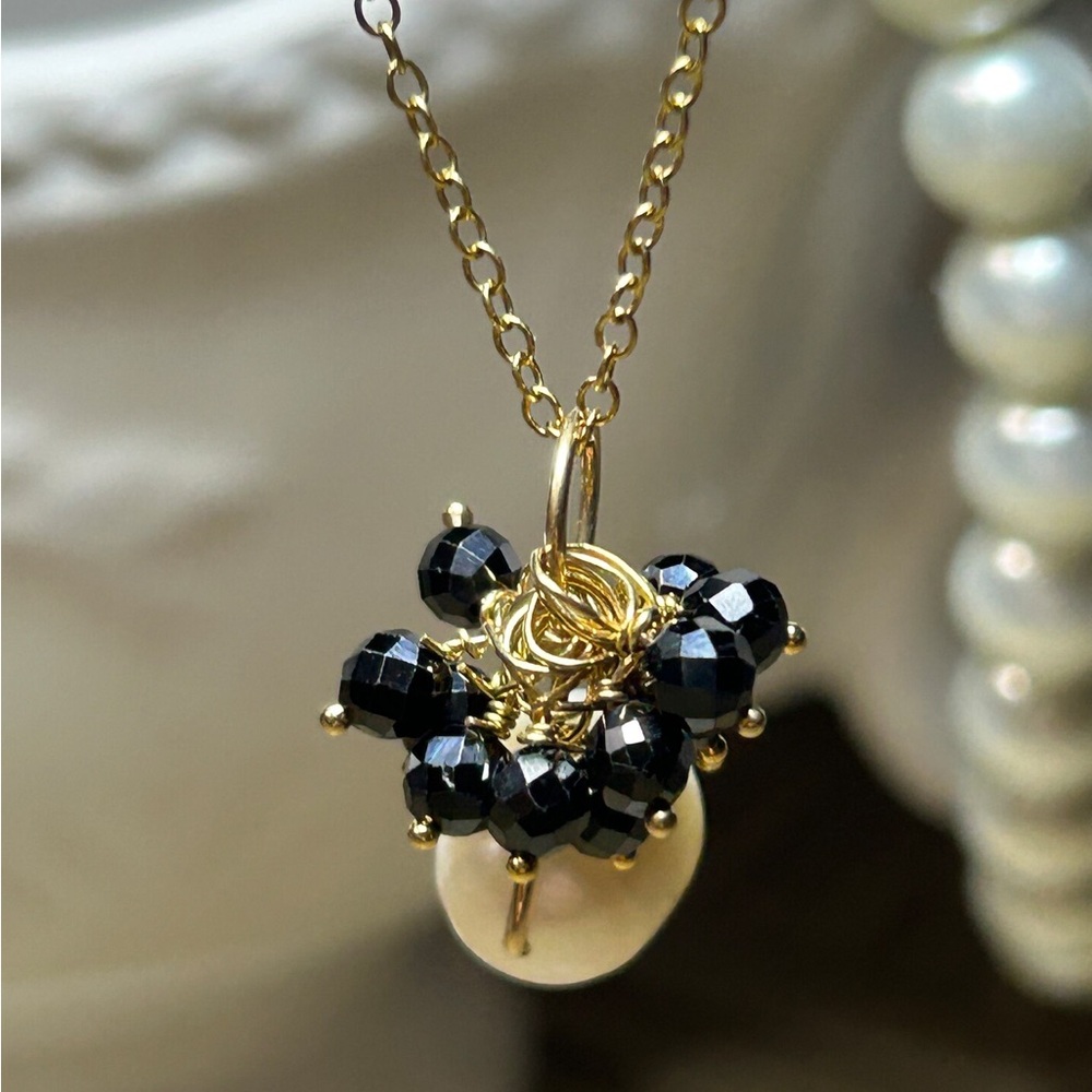 NEW Gold-Filled Necklace with Freshwater Pearl and Black Spinel